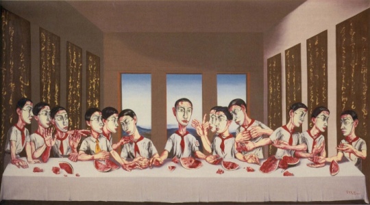 曾梵志《最后的晚餐》，2001年作,油彩画布,220x400公分, 在苏富比进入亚洲40周年晚间拍卖中，这件来自尤伦斯收藏的作品以1.8亿港元成为首件过亿的亚洲当代艺术品，据坊间传说，十年前这件作品仅以3万美元买个比利时收藏家尤伦斯