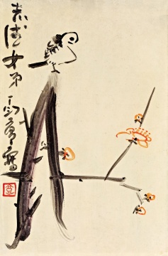 Lot959 丁衍庸 《梅雀图》 46×30cm 木板油画 1967 估价: 60-80万
