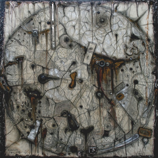 席华作品  《地球脑》 100x100cm  粗帆布铅笔油彩金属木板等，2009年
