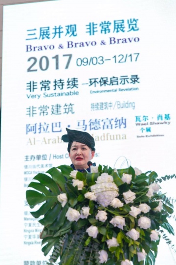 四年半的时间，谢素贞在银川当代美术馆主持了18场展览，上图为2017年谢素贞主持“非常”系列展览开幕
