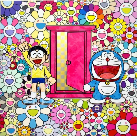 ​Takashi Murakami, We Came to the Field of Flowers Through Anywhere Door (Dokodemo Door)! , 2018 Acrylic on canvas mounted on aluminum frame, 47 1/4 × 47 1/4 inches (120 × 120 cm) © 2018 Takashi Murakami/Kaikai Kiki Co., Ltd. All Rights Reserved. ©Fujiko-Pro. Courtesy Gagosian