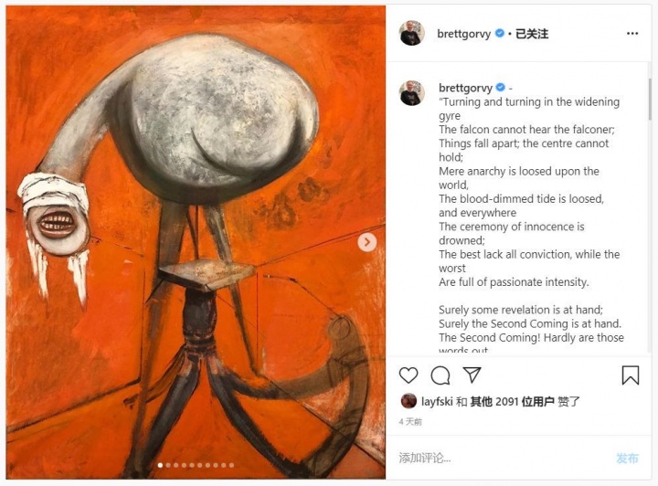 布赖特·格文的Instagram截图，他在Instagram上拥有的才能在艺术界广为人知，长期使用这一平台展示他对艺术和诗歌的热爱