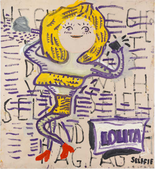 罗斯·怀利（Rose Wylie b.1934 ）《Lolita and selffie》 182×166cm 布面油画 2018 David Zwirner画廊 © Rose Wylie
