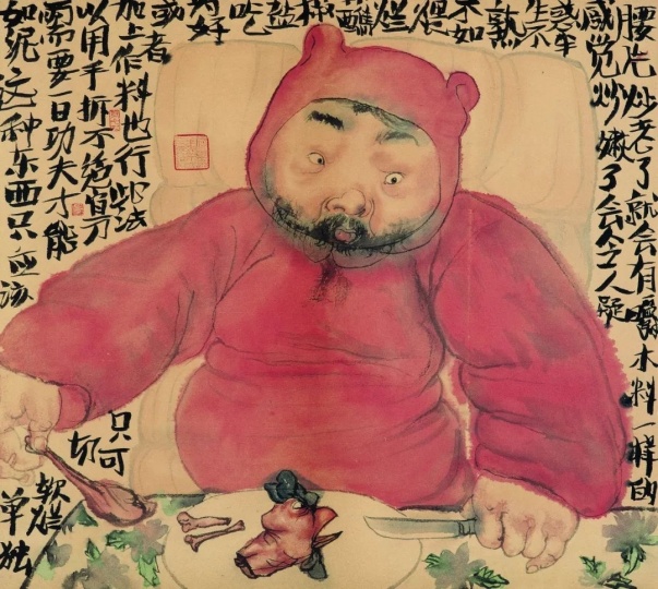 李津 《饱食图》 45×54cm 纸本设色 2009 
图片来源：玉兰堂
