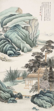 张大千 《仿吴渔山凤阿山房图》镜框 设色纸本 96.5×47.5cm 1947年作
