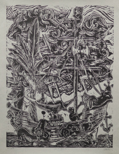 邢万和 《愚人船》 65×50cm 木刻版画 2016