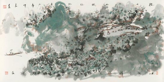 任建国  轻舟谷西风悠起 68×137cm 纸本设色 2021
