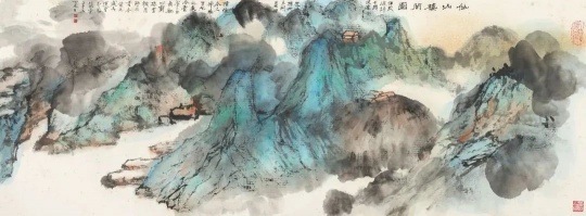 LOT80饶宗颐（1917-2018） 仙山楼阁图

设色纸本镜心

45 × 126 cm

 

题识：

仙山楼阁图。往岁游师子国，流连圣城，襌草未划，慧灯犹续，令人神飞生死之表。今奋笔为图，驰心兰迹，云机月杼，不无今昔之感矣。选堂于梨俱室，辛未（1991年作）夏日。

钤印：

饶、宗颐、江山助我频拈笔、意足不求颜色似

出版：

1.《涤清神宇》P11，岭南美术出版社，2018年。

2.《古调今情·饶宗颐书画作品选》P61，南方日报出版社，2011年。

 

估价：RMB 800,000 - 1,000,000
