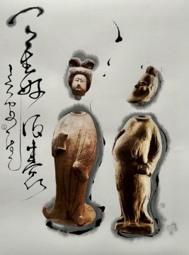 侯拙吾-天生好酒囊（以唐俑改造的酒瓶设计）76x56cm，综合材料，2025年
